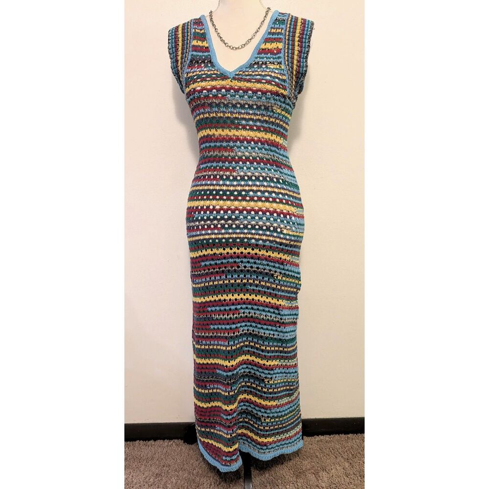 Vintage 70s Style Open Knit Crochet Maxi Dress Festival - Size [Estimate S/M]